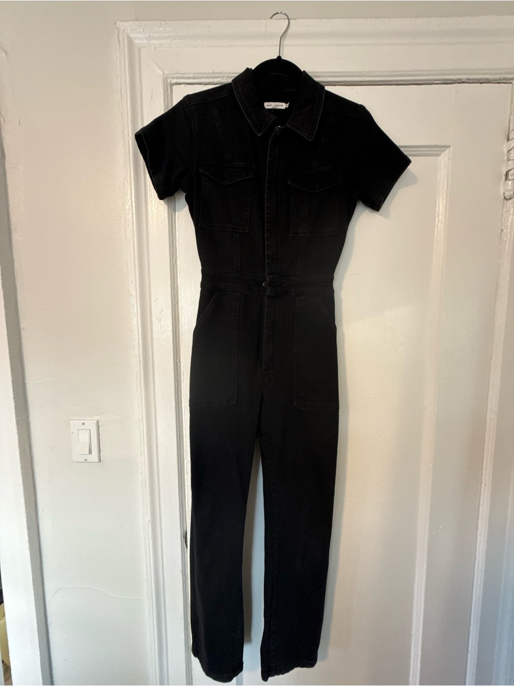 Good American Black Short-Sleeve Denim Jumpsuit